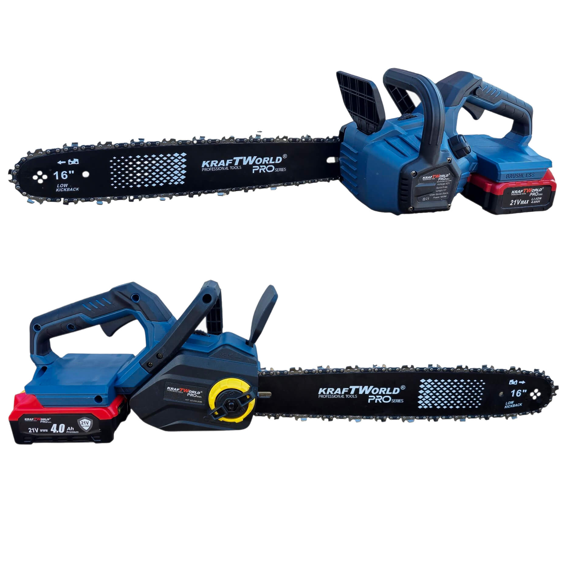 Акумулаторна Верижна Резачка с двойна батерия KraftWorld PRO – 42V (2×21V), 16″, 2 Вериги ГРАДИНСКИ ИНСТРУМЕНТИ Акумулаторна Верижна Резачка с двойна батерия KraftWorld PRO – 42V (2×21V), 16″, 2 Вериги