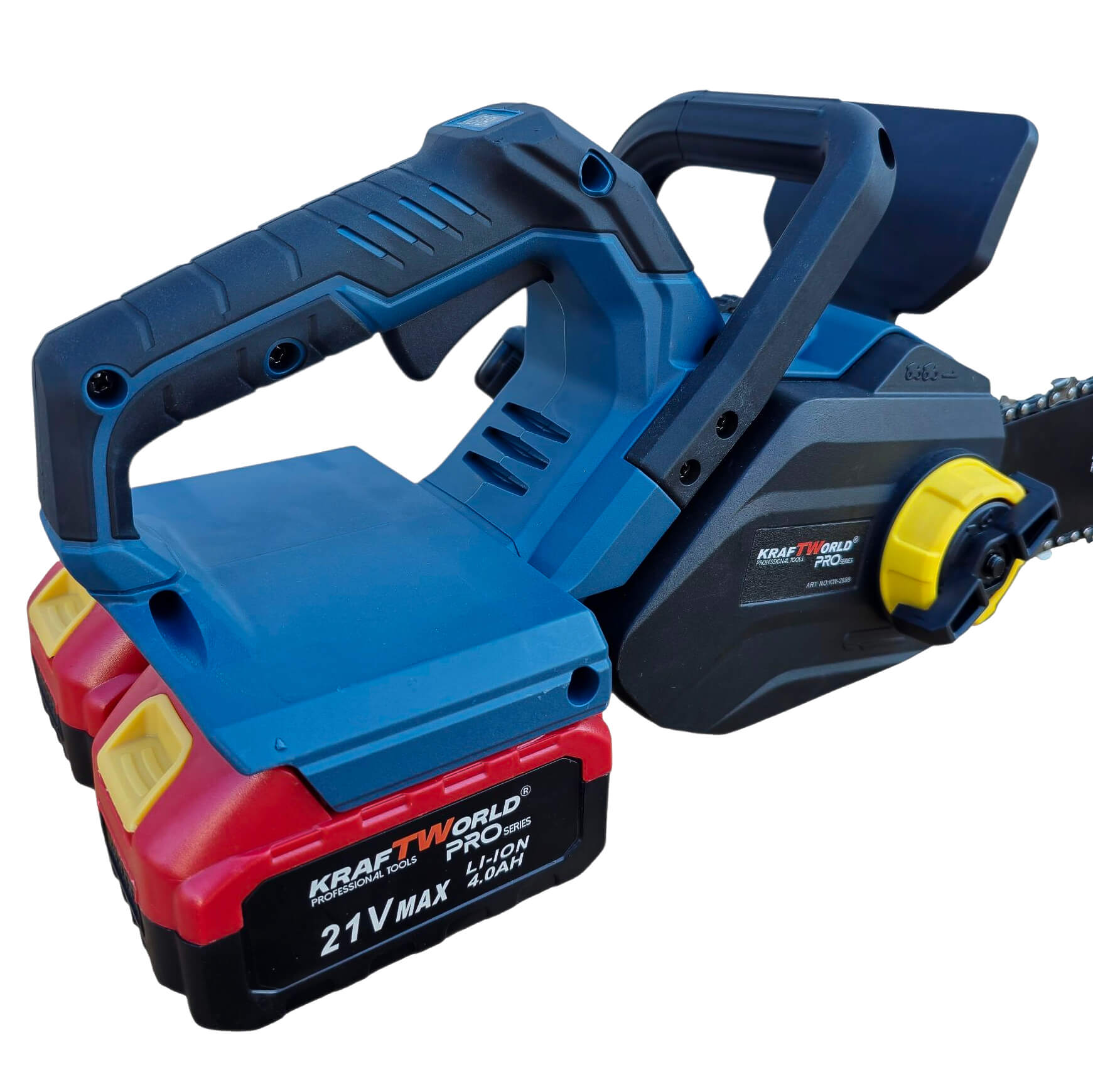 Акумулаторна Верижна Резачка с двойна батерия KraftWorld PRO – 42V (2×21V), 16″, 2 Вериги ГРАДИНСКИ ИНСТРУМЕНТИ Акумулаторна Верижна Резачка с двойна батерия KraftWorld PRO – 42V (2×21V), 16″, 2 Вериги