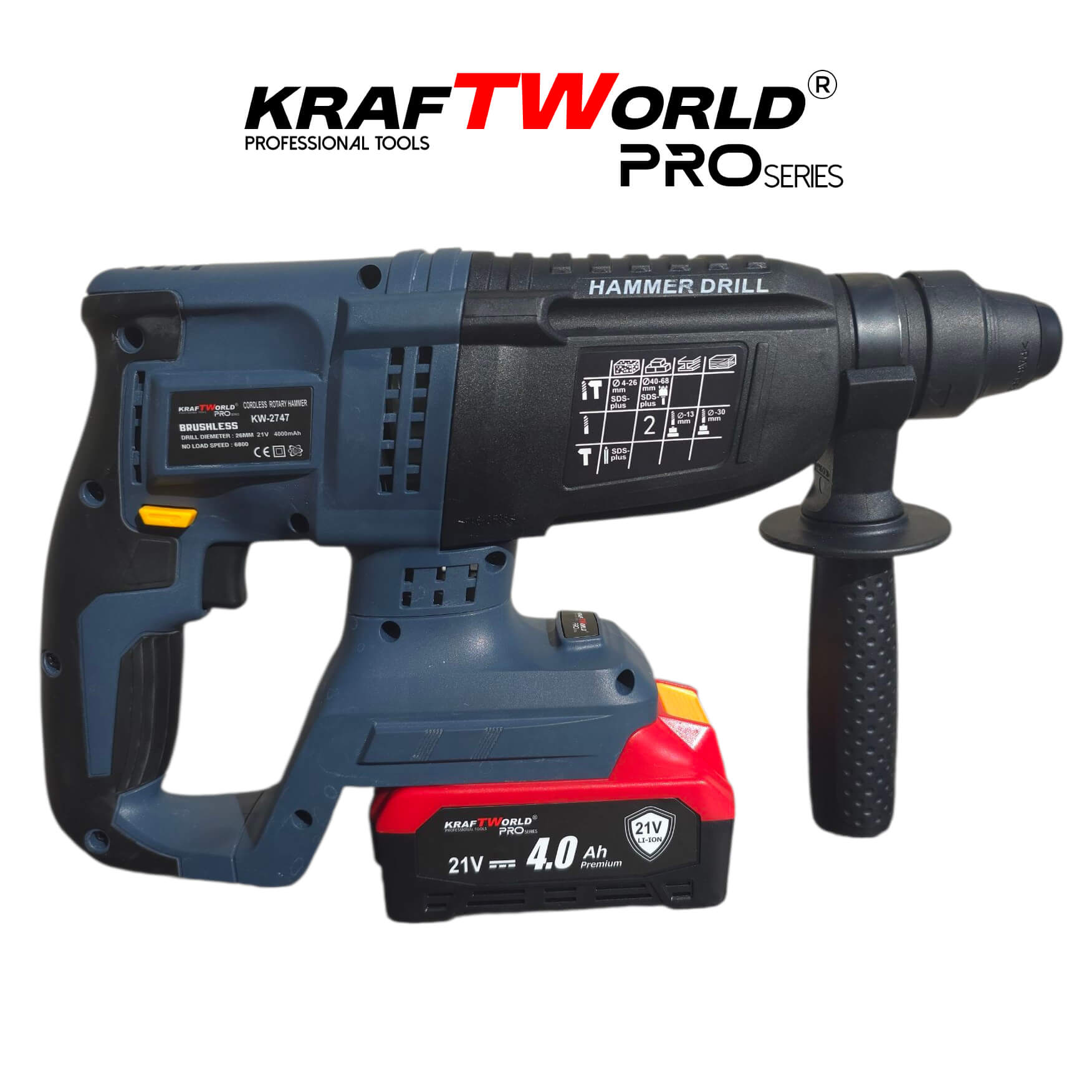 Перфоратор Kraftworld Pro Brushless – акумулаторен 21V с куфар, зарядно и 2 батерии АКУМУЛАТОРНИ ИНСТРУМЕНТИ Перфоратор Kraftworld Pro Brushless – акумулаторен 21V с куфар, зарядно и 2 батерии