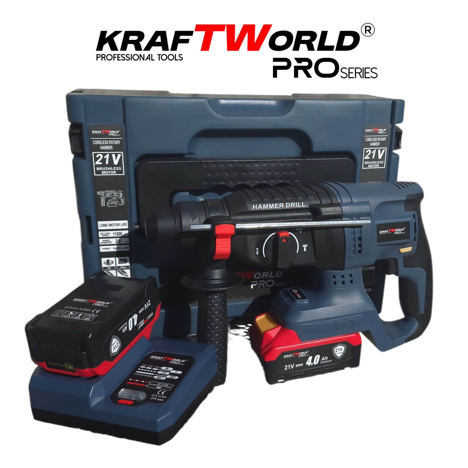 Перфоратор Kraftworld Pro Brushless – акумулаторен 21V с куфар, зарядно и 2 батерии АКУМУЛАТОРНИ ИНСТРУМЕНТИ Перфоратор Kraftworld Pro Brushless – акумулаторен 21V с куфар, зарядно и 2 батерии