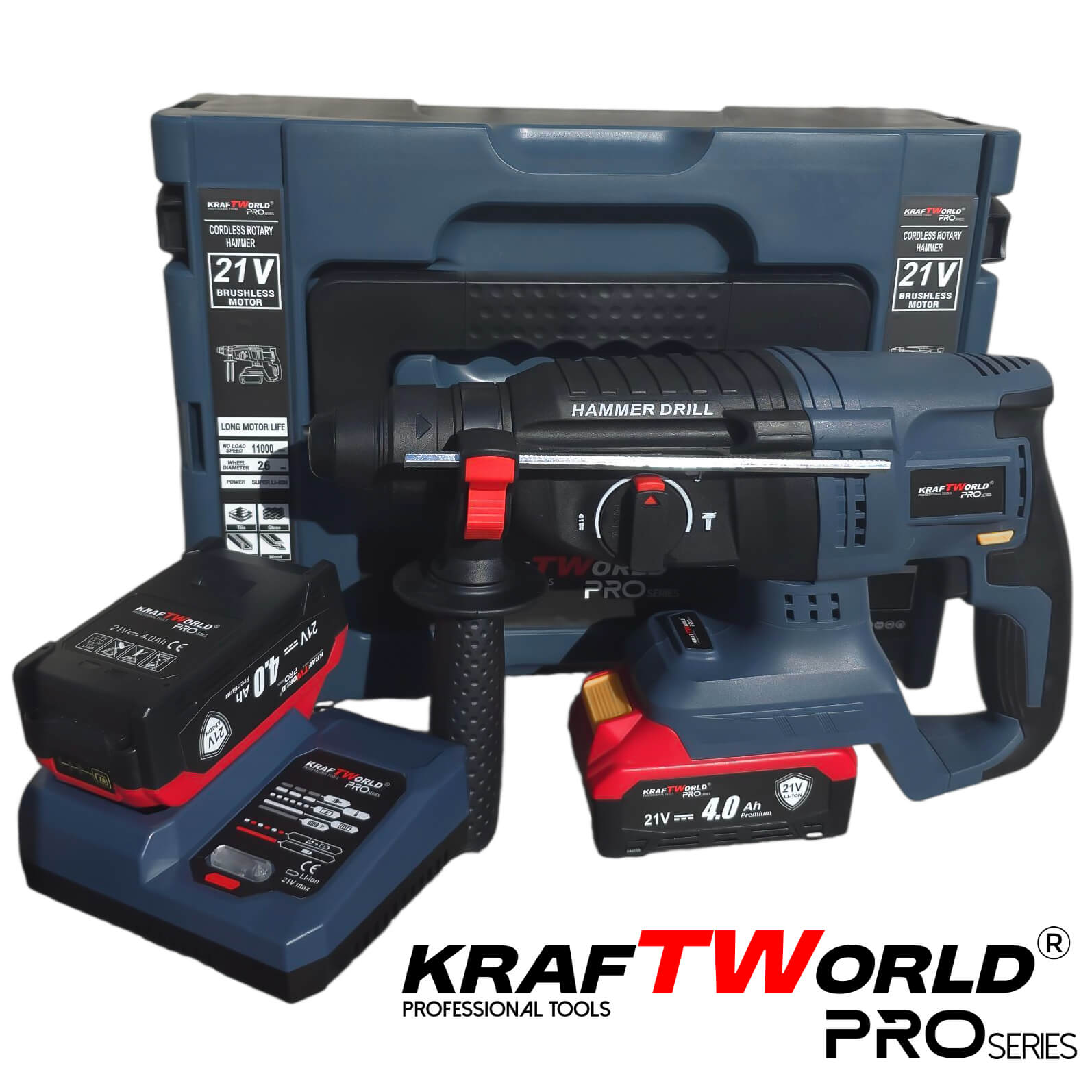 Перфоратор Kraftworld Pro Brushless – акумулаторен 21V с куфар, зарядно и 2 батерии АКУМУЛАТОРНИ ИНСТРУМЕНТИ Перфоратор Kraftworld Pro Brushless – акумулаторен 21V с куфар, зарядно и 2 батерии