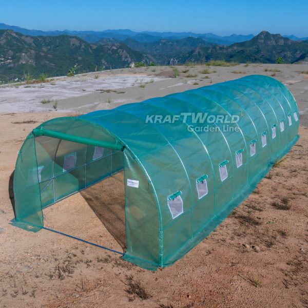 Резервно покривало за оранжерия 10×3×2 м – KraftWorld Garden Line, UV4 армирано покритие и 20 прозореца и 2 врати ДВОР И ГРАДИНА Резервно покривало за оранжерия 10×3×2 м – KraftWorld Garden Line, UV4 армирано покритие и 20 прозореца и 2 врати