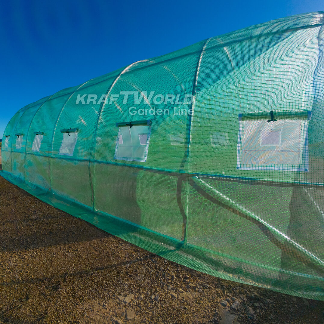 Резервно покривало за оранжерия 8×3×2 м – KraftWorld Garden Line, UV4 армирано покритие и 16 прозореца и 2 врати ДВОР И ГРАДИНА Резервно покривало за оранжерия 8×3×2 м – KraftWorld Garden Line, UV4 армирано покритие и 16 прозореца и 2 врати
