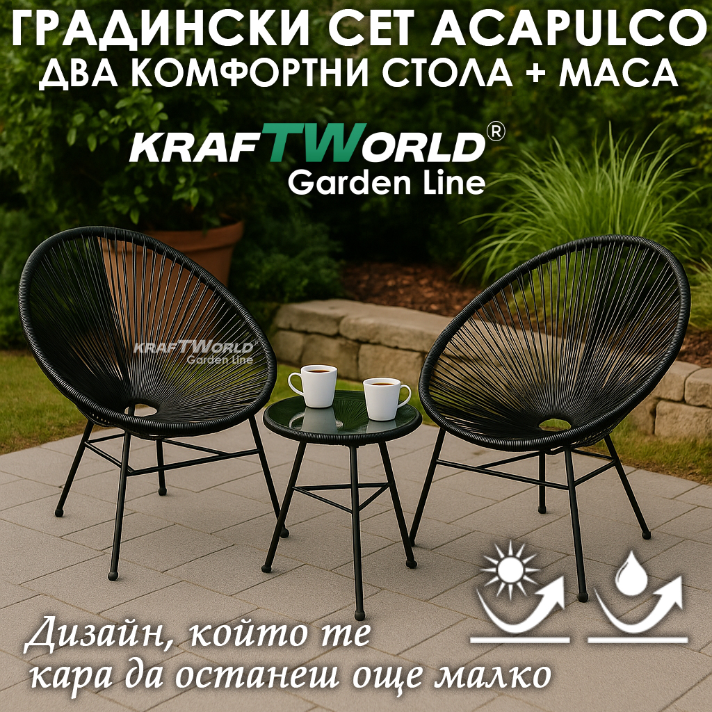 Луксозен Градиснки Комплект Acapulco – Два Черни Стола и Кръгла Маса ГРАДИНСКИ МЕБЕЛИ Градински комплект Acapulco с метална конструкция