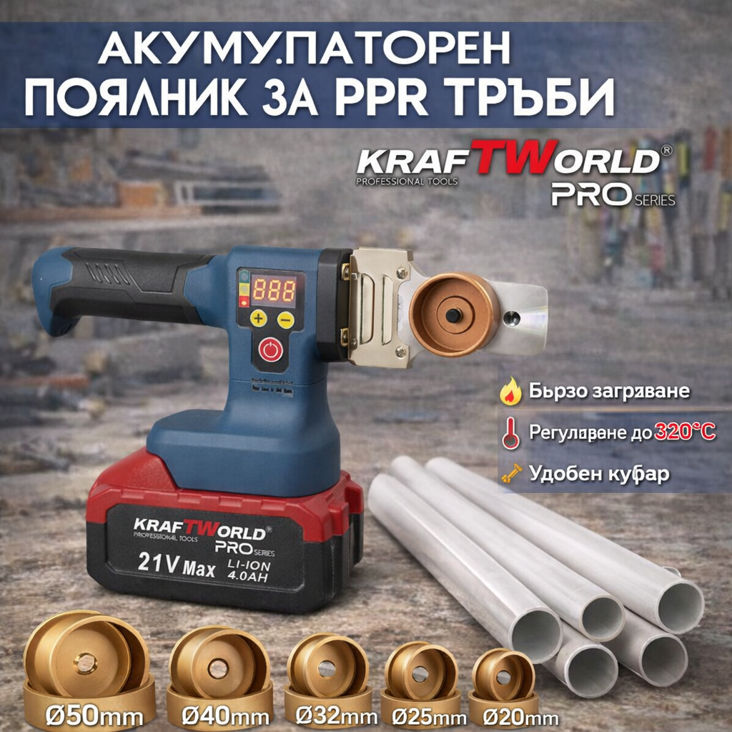 Акумулаторен Поялник Лепачка за ППР Тръби KraftWorld 21V с 5 Накрайника АКУМУЛАТОРНИ ИНСТРУМЕНТИ Акумулаторен поялник за ППР тръби KraftWorld 21V с дисплей до 320 градуса