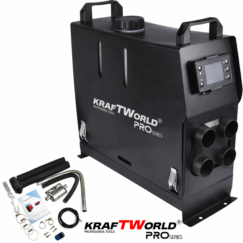 Преносима Суха Дизелова Печка с 4 изхода KraftWorld PRO 8kW – за кемпери, бусове и гаражи 12V / 24V / 220V АВТО Преносима Суха Дизелова Печка с 4 изхода KraftWorld PRO 8kW – за кемпери, бусове и гаражи 12V / 24V / 220V