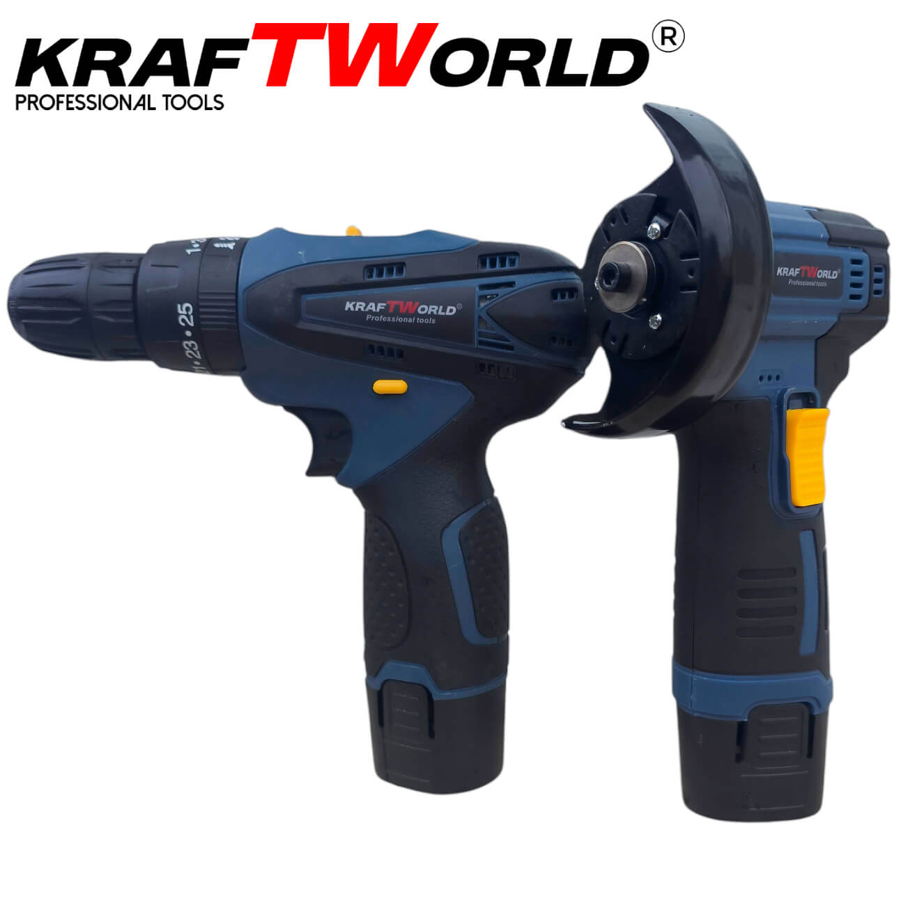 Комплект Винтоверт и Ъглошлайф 76мм KraftWorld 18V 2Ah АКУМУЛАТОРНИ ИНСТРУМЕНТИ Комплект Винтоверт и Ъглошлайф 76мм KraftWorld 18V 2Ah