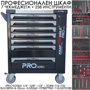 Професионален Шкаф с Инструменти KraftWorld PRO 258 Части и 7 Чекмеджета АВТО Професионален Шкаф с Инструменти KraftWorld PRO 258 Части и 7 Чекмеджета