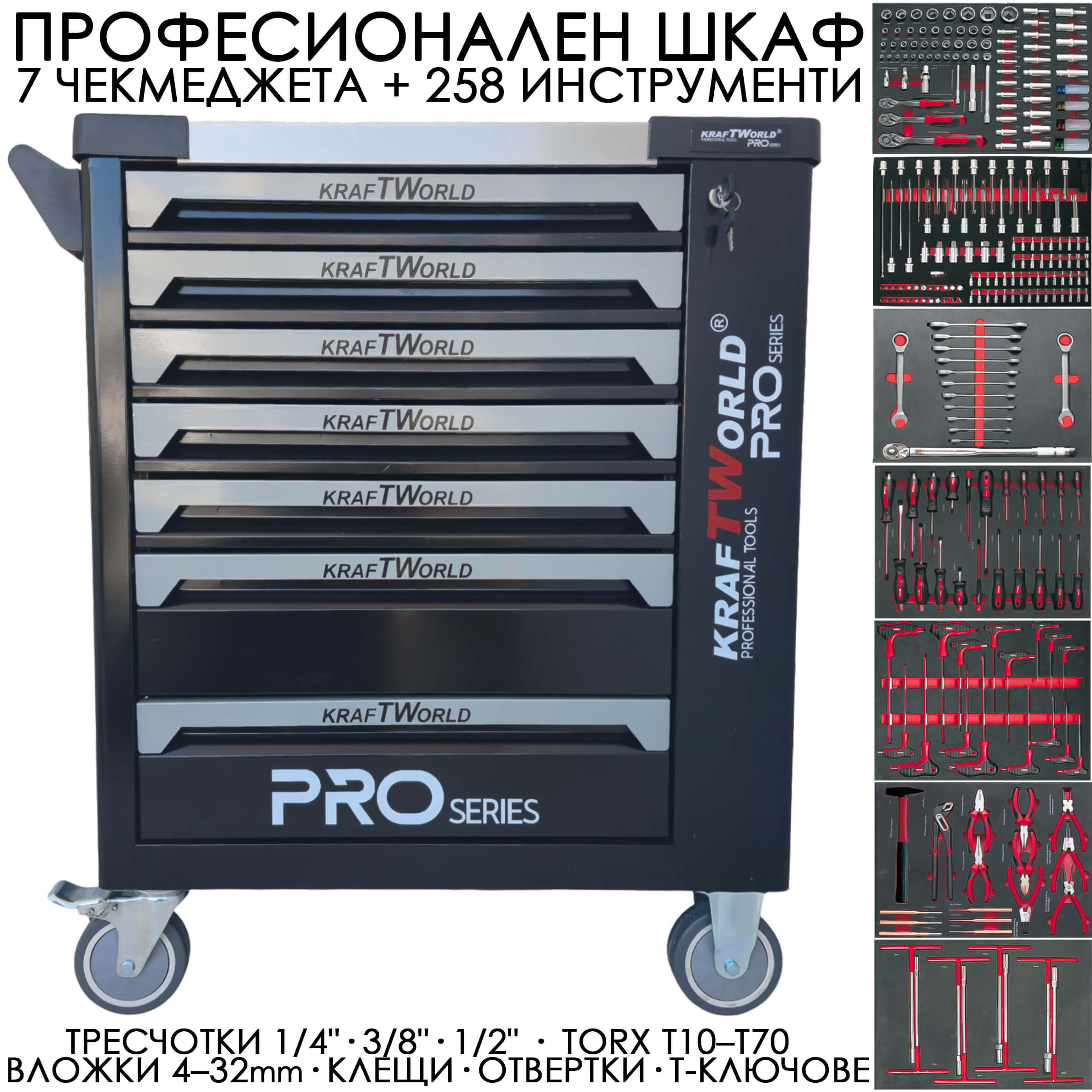 Професионален Шкаф с Инструменти KraftWorld PRO 258 Части и 7 Чекмеджета АВТО Професионален Шкаф с Инструменти KraftWorld PRO 258 Части и 7 Чекмеджета