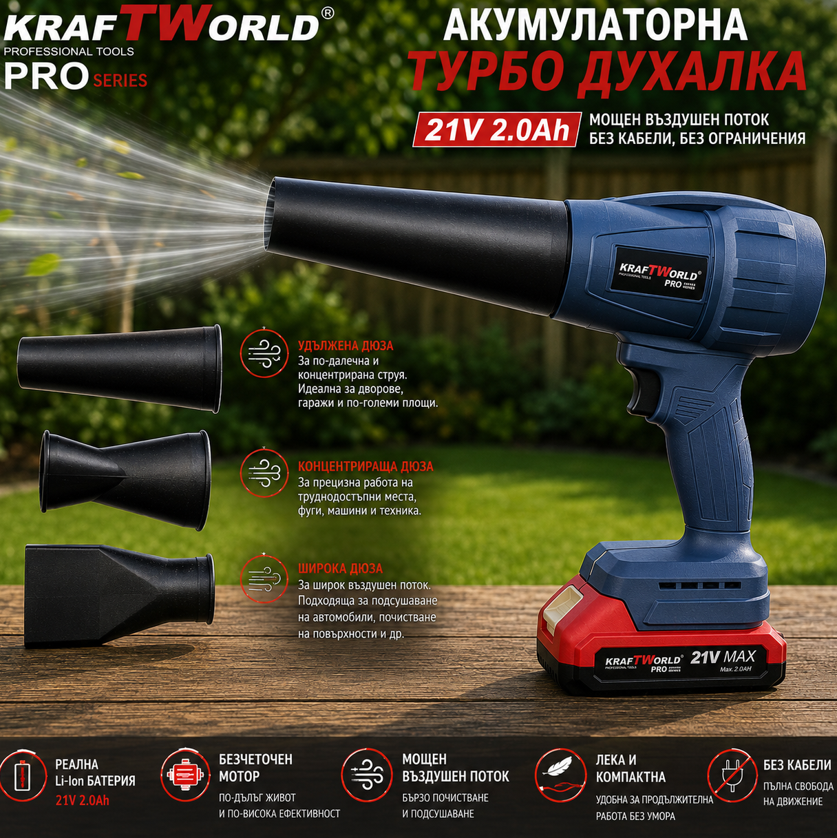 Акумулаторна Турбо Духалка KraftWorld PRO 21V с 3 Приставки и Батерия АКУМУЛАТОРНИ ИНСТРУМЕНТИ акумулаторна духалка