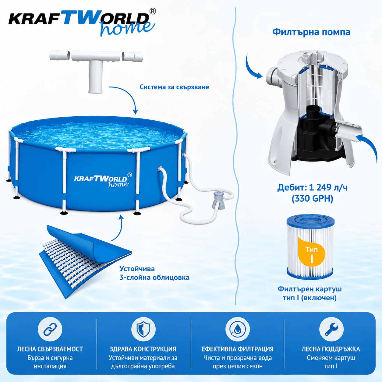 Басейн KraftWorld SteelMax 244×66см с метална рамка + ПОДАРЪК филтърна помпа БАСЕЙНИ Басейн KraftWorld SteelMax 244×66см с метална рамка + ПОДАРЪК филтърна помпа