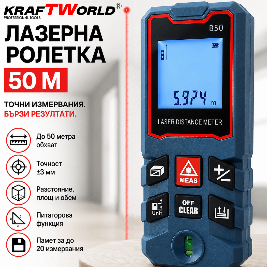 Лазерна Ролетка KraftWorld 50 м – Измерване на Разстояние, Площ, Обем и Питагорова Функция АКУМУЛАТОРНИ ИНСТРУМЕНТИ Лазерна ролетка