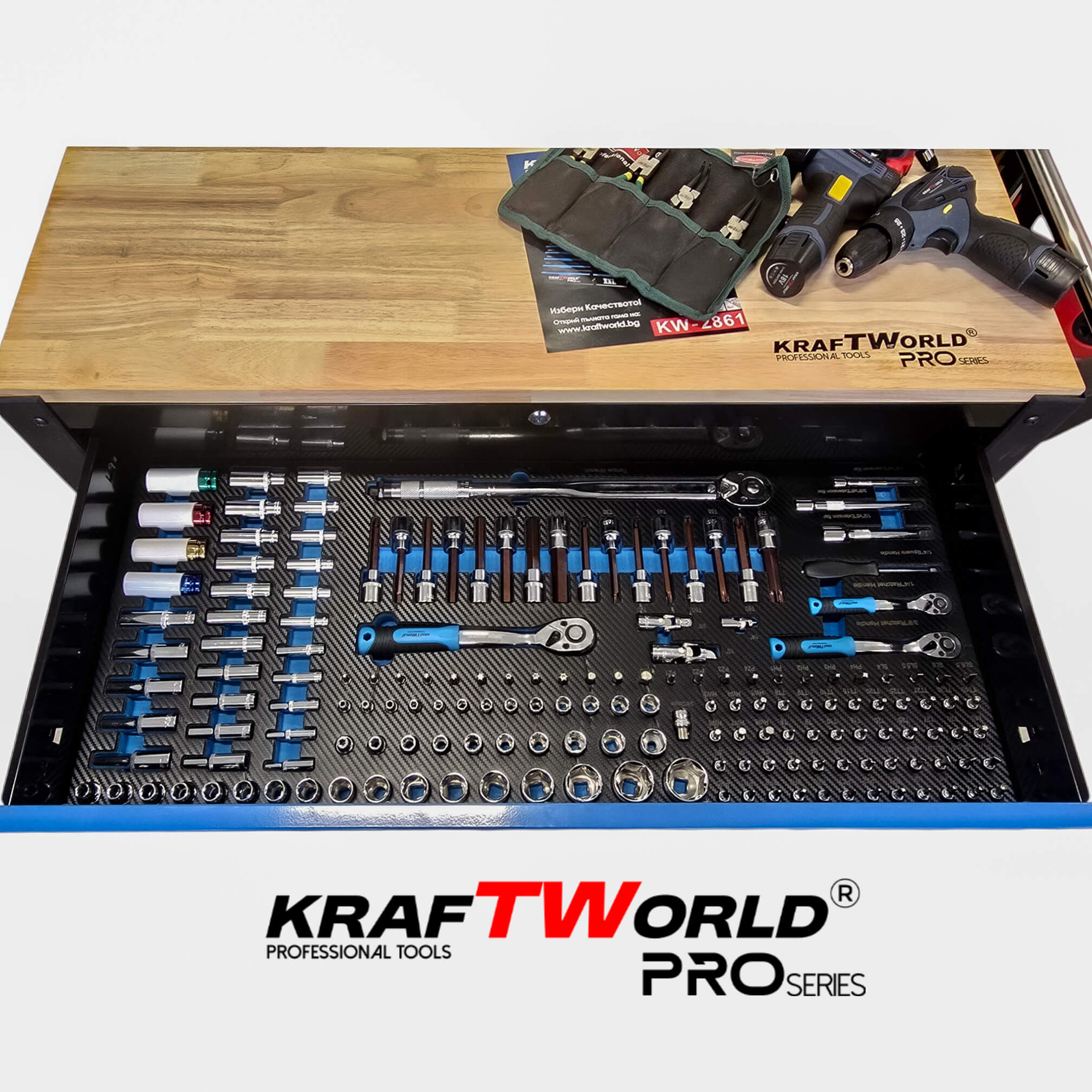 Професионален XXL шкаф с инструменти KraftWorld PRO Series – 12 чекмеджета, 501 части, Soft Close АВТО Професионален XXL шкаф с инструменти KraftWorld PRO Series – 12 чекмеджета, 501 части, Soft Close