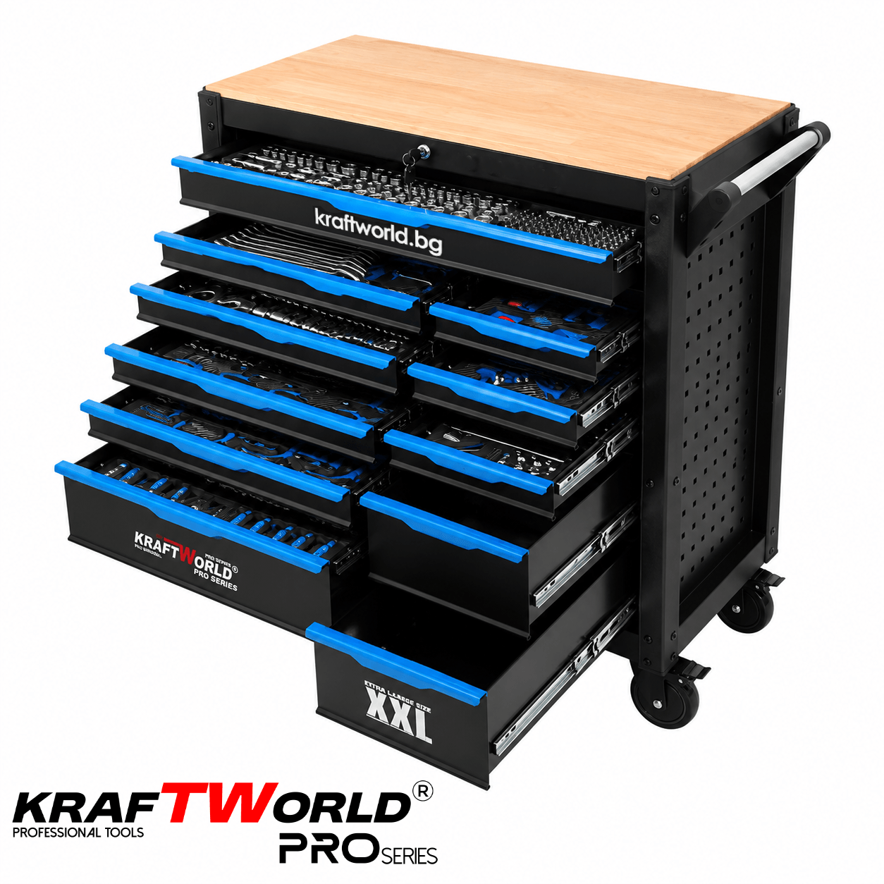 Професионален XXL шкаф с инструменти KraftWorld PRO Series – 12 чекмеджета, 501 части, Soft Close АВТО Професионален XXL шкаф с инструменти KraftWorld PRO Series – 12 чекмеджета, 501 части, Soft Close
