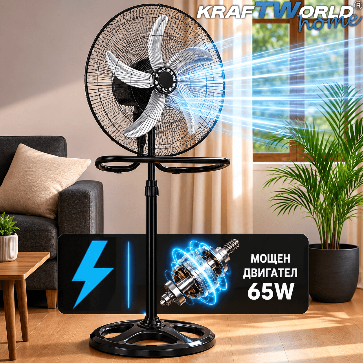 Вентилатор 3в1 KraftWorld Home 45 см – стоящ, настолен и стенен, 65W ЗА ДОМА Вентилатор 3в1 KraftWorld Home 45 см – стоящ, настолен и стенен, 65W