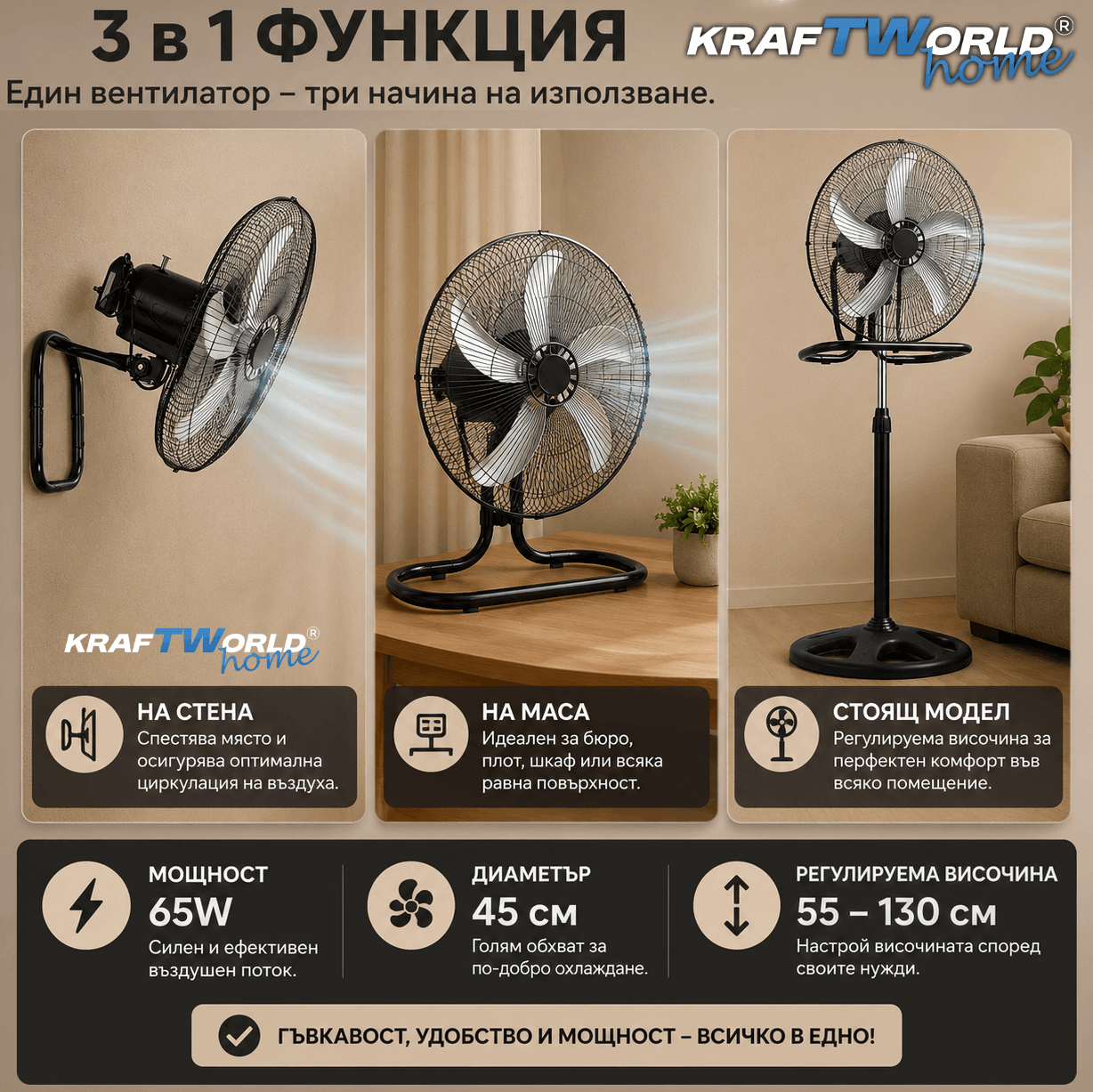 Вентилатор 3в1 KraftWorld Home 45 см – стоящ, настолен и стенен, 65W ЗА ДОМА Вентилатор 3в1 KraftWorld Home 45 см – стоящ, настолен и стенен, 65W