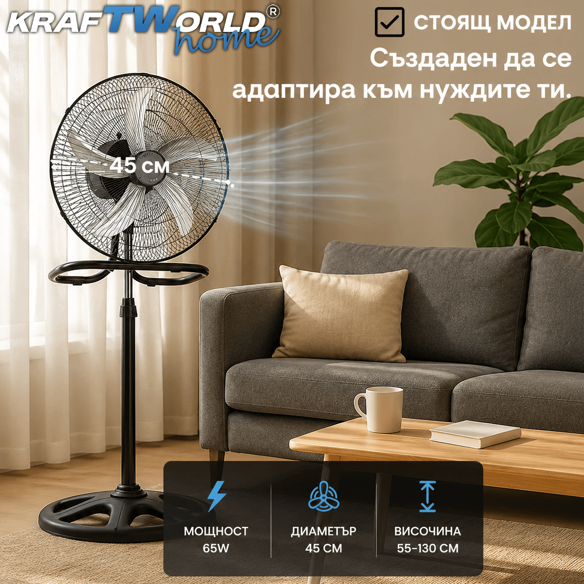 Вентилатор 3в1 KraftWorld Home 45 см – стоящ, настолен и стенен, 65W ЗА ДОМА Вентилатор 3в1 KraftWorld Home 45 см – стоящ, настолен и стенен, 65W