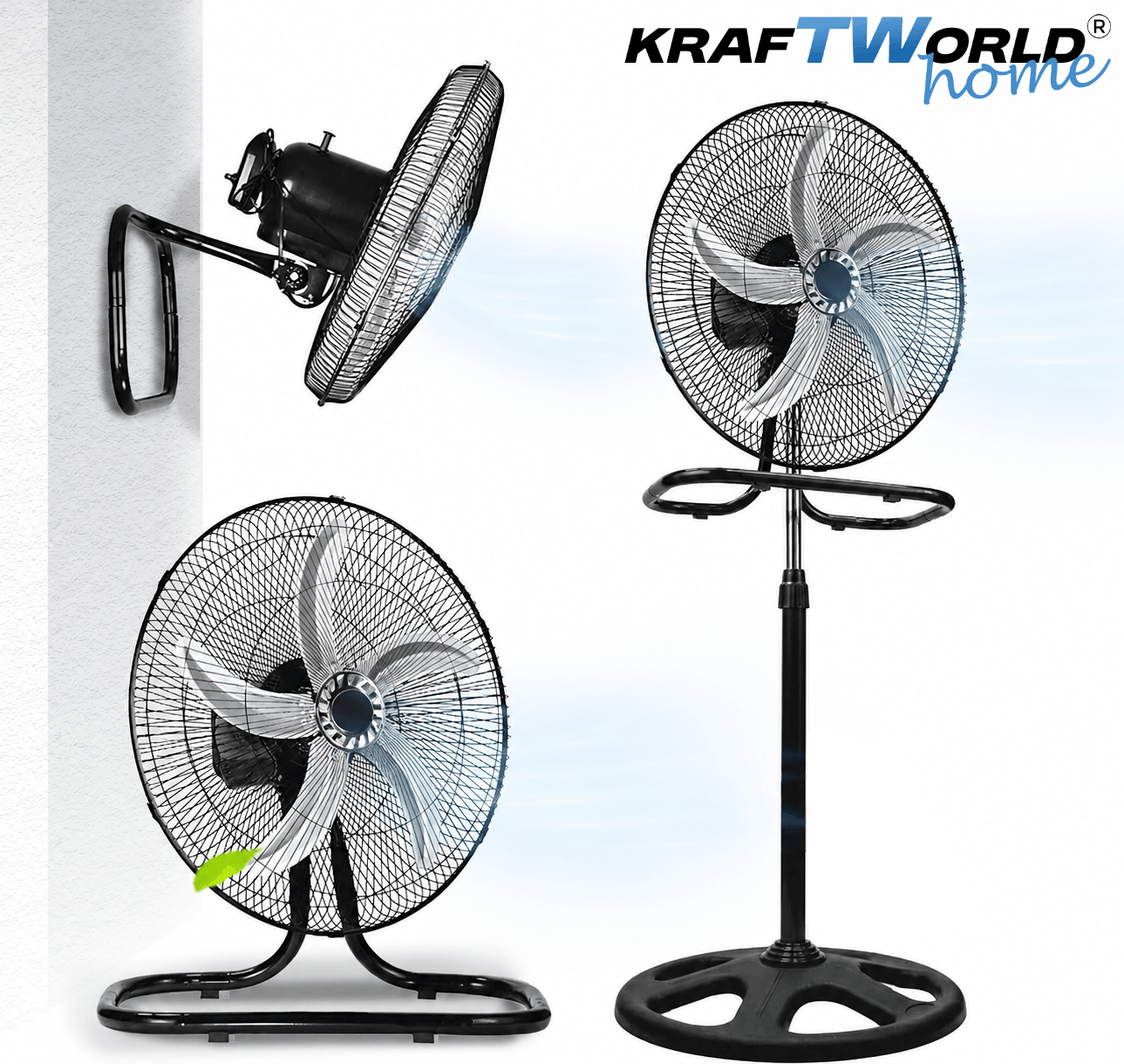 Вентилатор 3в1 KraftWorld Home 45 см – стоящ, настолен и стенен, 65W ЗА ДОМА Вентилатор 3в1 KraftWorld Home 45 см – стоящ, настолен и стенен, 65W