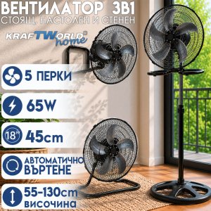 Вентилатор 3в1 KraftWorld Home 45 см – стоящ, настолен и стенен, 65W ЗА ДОМА Вентилатор 3в1 KraftWorld Home 45 см – стоящ, настолен и стенен, 65W